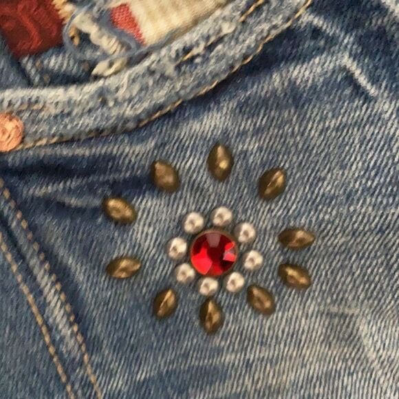 Miss Me Embellished Blue Denim Distressed Print Design Shorts Boho - Picture 7 of 14